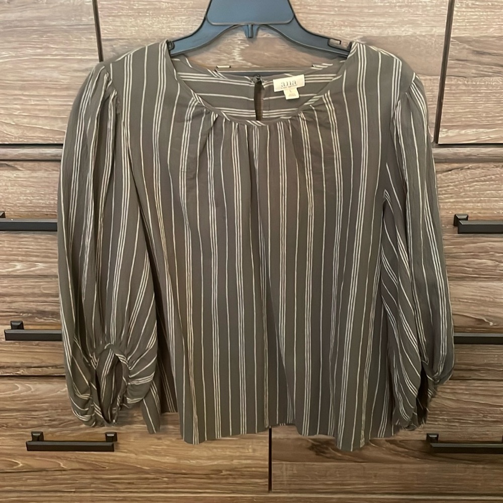 a.n.a Olive Green and White Striped Blouse
